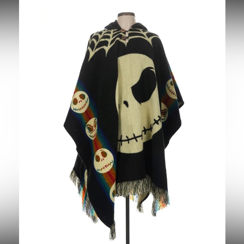 Tejidos Caymi Hooded Alpaca Poncho Skull Rainbow Fringe Cape OS Boho RARE FIND